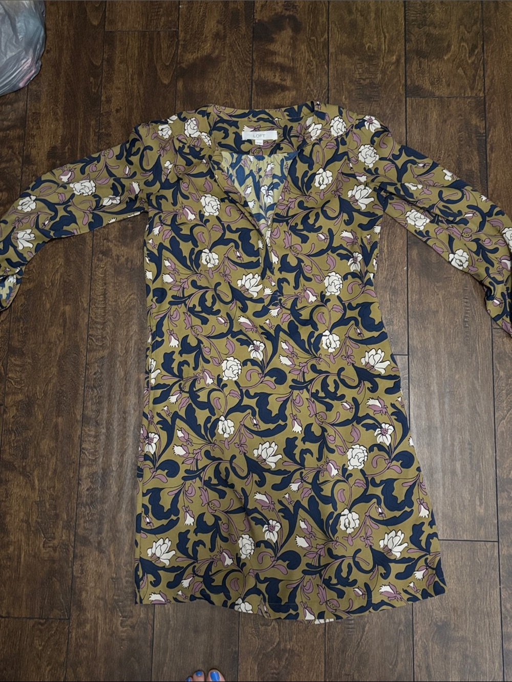 LOFT Olive Multi Floral V-Neck Shift Dress